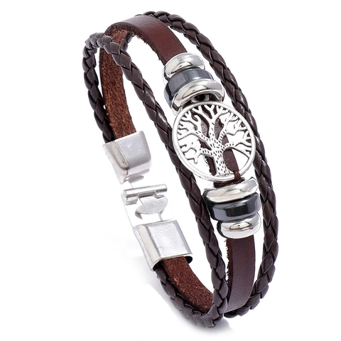 Pulsera De Cuero Tejido De Varias Capas Para Hombre Árbol De La Vida Retro Tótem Cuentas De Aleación Joyería Punk Vintage