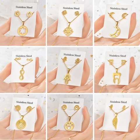 Collar Y Pendientes De Acero Inoxidable Chapado En Oro Mano De Fátima Luna Infinito Joyería Mujeres Hombres