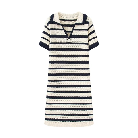 Gestreiftes Strick Polo Kleid V-Ausschnitt Kurzarm Häkel Mini Kleid Vintage Elegant Lässig Mode Für Damen