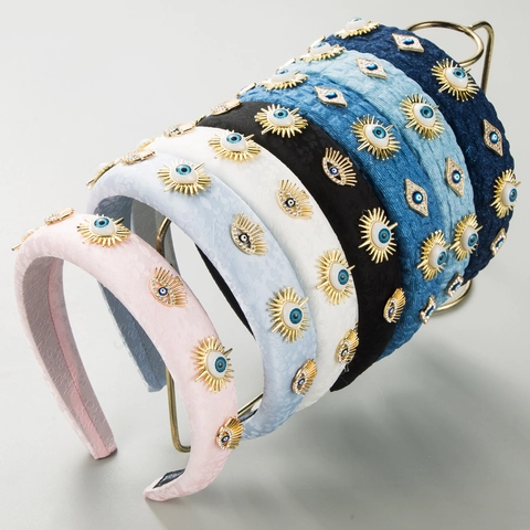 Baroque Evil Eye Padded Headband Fabric Denim Rhinestone Decorative Hairband Retro Bohemia Hair Accessory For Women