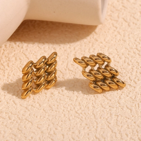 Hollow Rhombus Stud Earrings 18K Gold Plated Stainless Steel Geometric Textured Minimalist Jewelry For Women