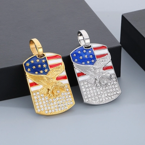 Ανδρικό Κολιέ Hip Hop Dog Tag Από Ανοξείδωτο Ατσάλι Αμερικανική Σημαία Αετός Με Στρας Εμαγιέ Πατριωτικό Κόσμημα