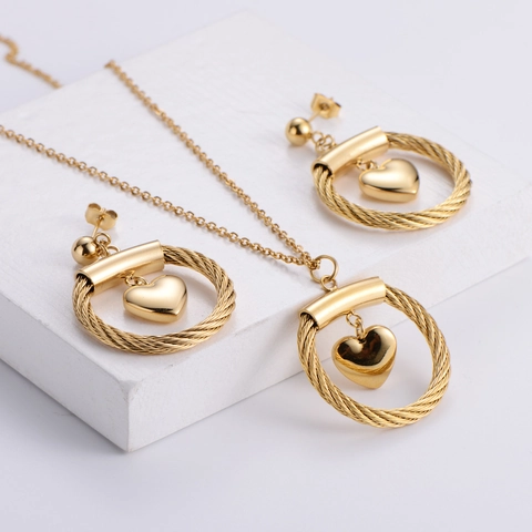 Heart Pendant Necklace And Earrings Jewelry 18K Gold Plated 316 Stainless Steel Twisted Rope Circle Minimalist Fashion