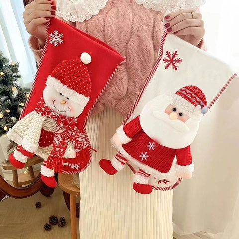 Chaussette de Noël 3D Grand Sac Cadeau Suspendu Père Noël Bonhomme de Neige Chaussette en Peluche Décoration de Fête