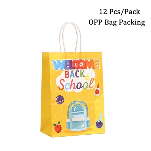 Back To School Paper Gift Bags With Handles Colorful Cartoon Patterns Welcome Stationery Snack Storage Handbags