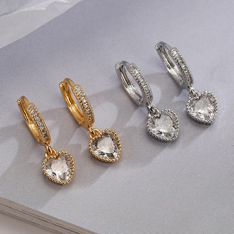 Heart Pendant Hoop Earrings Exquisite Copper Gold Plated Cubic Zirconia Drop Jewelry For Women Elegant Fashion