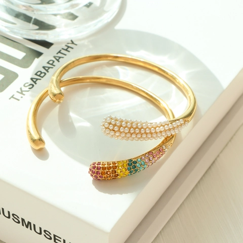 Gold Plated Stainless Steel Open Cuff Bracelets With Rainbow Rhinestones And Faux Artificial Pearls Fashion Jewelry For Women