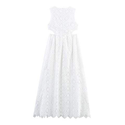 Abito Lungo Senza Maniche In Pizzo Idrosolubile Elegante Francese Girocollo Vita Vuota Orlo Ondulato Abito Lungo Donne