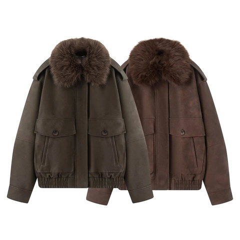 Women's Vintage Suede-Look Bomber Jacket With Detachable Faux Fur Collar Large Pockets Elastic Hem Casual Workwear Outerwear