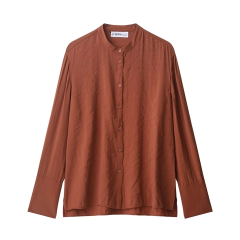 Damen Casual Terrakotta Polyester Zweiteiler Langarm Stehkragen Hemd Und Weithose Mit Kordelzug Streetwear