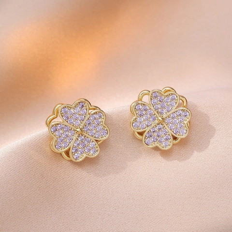 Rotating Heart Clover Jewelry Set For Women Gold Plated Alloy Purple Zirconia Necklace Earrings Ring Bracelet Gift