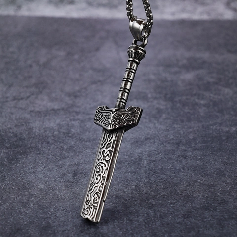 Vintage Stainless Steel Sword Pendant Necklace Norse Viking Engraved Broken Blade Punk Gothic Retro Style Jewelry