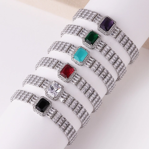 Luxus Armband Rechteckiger Edelstein Halo AAA Zirkonia 18K Vergoldet Messing Uhrenarmband Stil Eleganter Schmuck Für Frauen