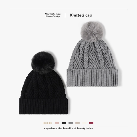 Winter Beanie Hat For Women Knitted Pom Pom Cap Fleece Lined Warm Cable Knit Thickened Outdoor Thermal Headwear