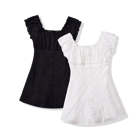 Mini Dress Polyester Floral Embroidery Jacquard Square Neck Ruffle Puff Sleeve Single Breasted Retro Style Women