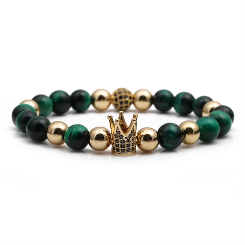 Pulsera De Cuentas De Corona De Piedra Ojo De Tigre De Lujo Cobre Micro Pave Zircon Negro Joyería De Moda Encanto