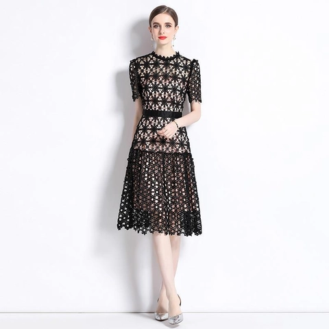 Abito Midi Elegante In Pizzo Floreale Traforato Da Donna Manica Corta Girocollo Con Cintura A-Line Party Sera