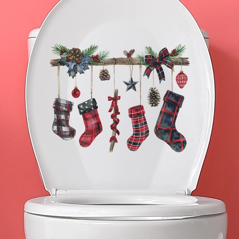 Sticker Couvercle Toilettes Noël Imperméable PVC Amovible Chaussettes Pommes De Pin Décor Pour Salle De Bain Maison Festive