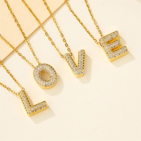 Alphabet Initial Letter Pendant Necklace Copper Zircon Inlaid Gold Plated Minimalist Commuter Style For Women Men