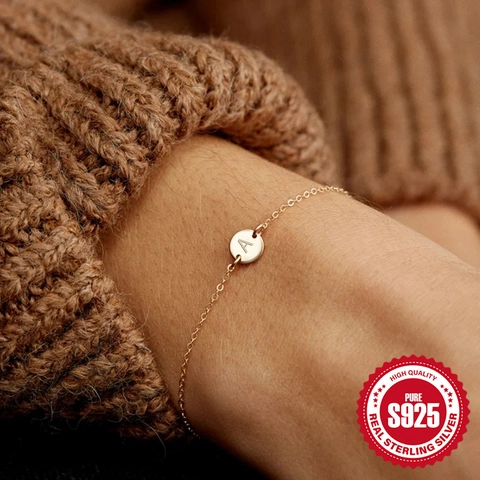 Pulsera Minimalista Con Inicial Disco Redondo Plata De Ley 925 Bañada En Oro Joyería Mujer Cadena Ajustable