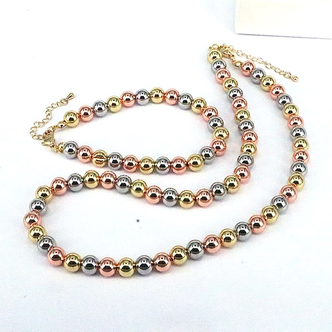 Collar Y Pulsera De Cuentas Redondas En Tres Tonos Cobre Chapado En Oro Plata Oro Rosa Joyería Minimalista Mujer