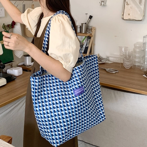 Checkered Tote Bag Large Capacity Woven Canvas Shoulder Bag Korean Ins Style Retro Casual Handbag For Women