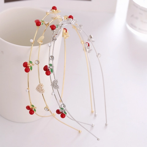 Serre-Tête En Métal Douce Cerise Cœur Fausse Künstliche Perle Strass Style Coréen Fin Cerceau À Cheveux Pour Femmes Filles