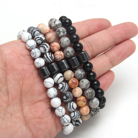 Natural Stone Beaded Bracelet With Volcanic Rock Tiger Eye Hematite Elastic Cord Classic Minimalist Jewelry Unisex
