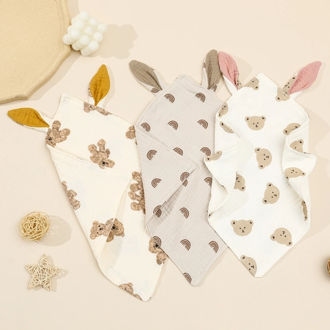 Baby Comfort Towel Bunny Ears Cotton Muslin Soft Breathable Swaddle Blanket Animal Print Saliva Bib
