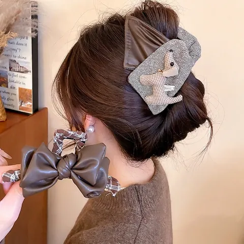 Molletta Per Capelli Cucciolo Retrò Con Fiocco In Pelle PU E Tessuto A Quadretti Per Donne Accessorio Elegante