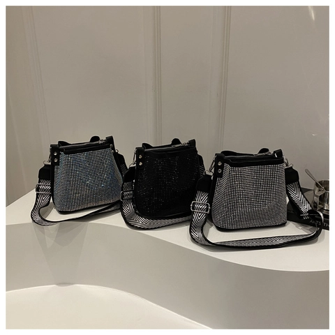 Damen Funkelnde Strass Eimertasche Mit Breitem Segeltuchriemen Mode Street Style Umhängetasche Handtasche