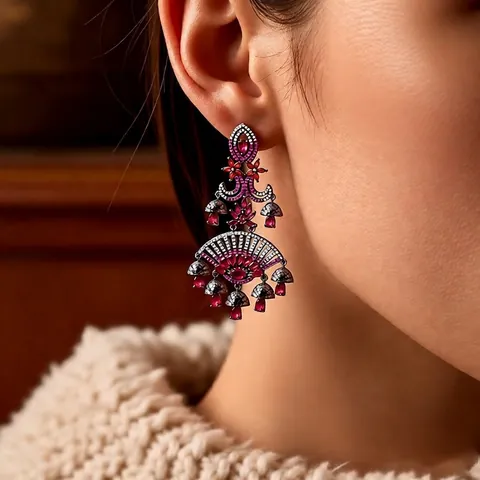 Orecchini Pendenti Forma Ventaglio Bohemien Rame Zircone Etnico Floreale Con Perno In Argento Per Donna Lusso Moda