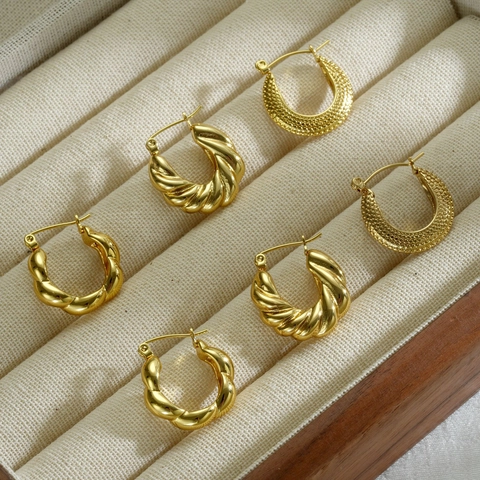 18K Gold Plated Stainless Steel Hoop Earrings For Women Minimalist Twisted Rope Texture Water Dot Geometric Jewelry Gift