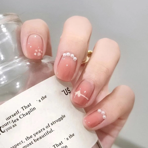 Press On Nails Square Gradient Pink With Artificial Pearl Rhinestone Cat Paw Heart Decor Reusable DIY Manicure For Women