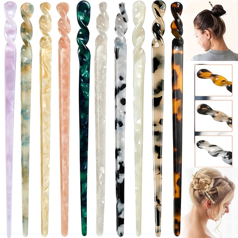 Palitos Para El Cabello De Acetato Horquilla En Espiral Retorcida Vintage Mujer Patrón De Carey De Mármol Hanfu Moderno