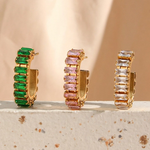 Orecchini A Cerchio Acciaio Inossidabile Placcato Oro 18K Geometrico Zirconia Rettangolare Gioielli Moda Minimalisti Donna