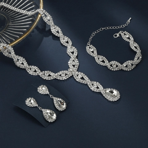 Parure Collana Orecchini Bracciale Lega Strass Elegante Lusso Ciondolo Goccia D'acqua Catena Intrecciata Matrimonio Donna