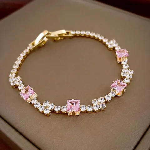 Tennis Armband Koper Roze Vierkante Zirkoon Witte Ronde Micro Set Koreaanse Stijl Elegant Zoete Sieraden Voor Vrouwen