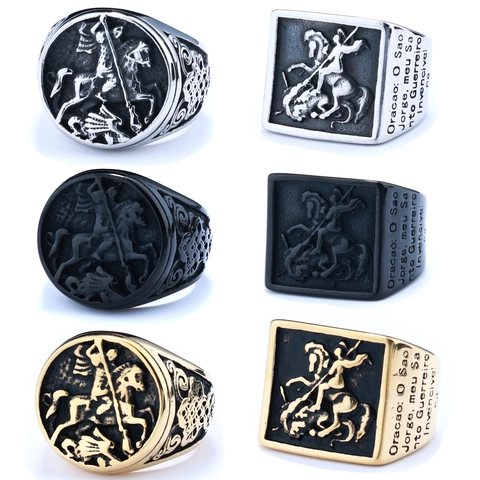 Stainless Steel Saint George Slaying Dragon Signet Ring Retro Knight Motif Religious Prayer Men Jewelry Accessories