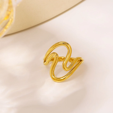 Wellen-Ring Edelstahl Hohl Gebogen Verstellbar Minimalistischer Schmuck Für Damen Unisex Hypoallergen Wasserdicht Gold