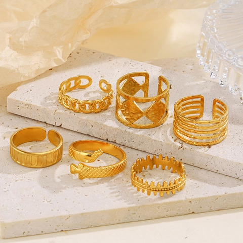 Stainless Steel Opening Ring For Women 18K Gold Plated Geometric Adjustable Multi-Layer Textured Metal Ins Style Fashion Jewelry