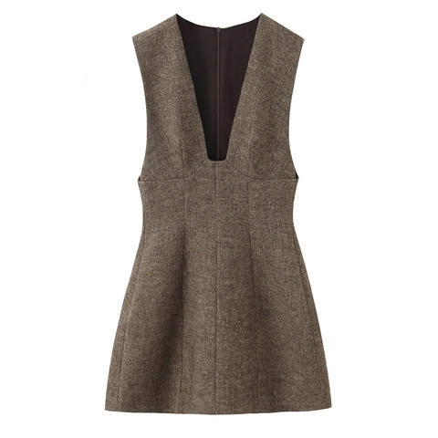 Damen Tweed Minikleid Ärmellos Vintage Tiefem V Ausschnitt A Linie Tailliert Rückenreißverschluss Elegant Modisch