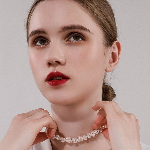 Elegant Woven Imitation Artificial Pearl Choker Necklace For Women Retro Layered Lace Design Alloy Clavicle Chain Jewelry