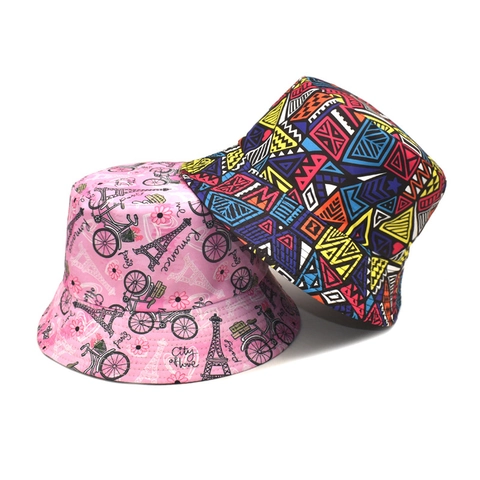 Reversible Bucket Hat Polyester Breathable Sun Protection Retro Geometric Paris Print Double Sided Summer Fishing Hat Women