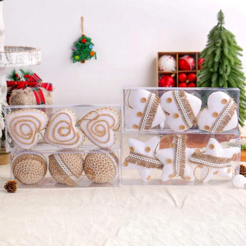 Rustic Christmas Ornaments Set 3 Pieces Hemp Rope Lace Wooden Button Heart Star Ball Pendants For Christmas Tree Party Decoration