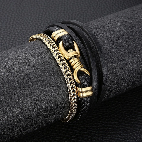 Bracciale Multistrato Da Uomo In Pelle Intrecciata Catena In Acciaio Inossidabile Gioielli Punk Moda Chiusura Magnetica