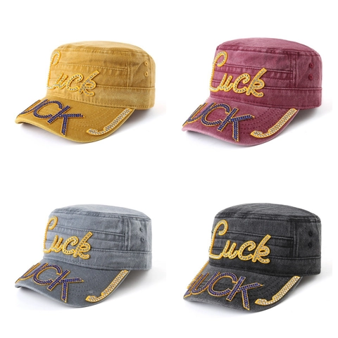 Berretto Cadet In Cotone Lavato Vintage Distressed Flat Top Cappello Militare Con Strass Lettera Luck Regolabile Unisex