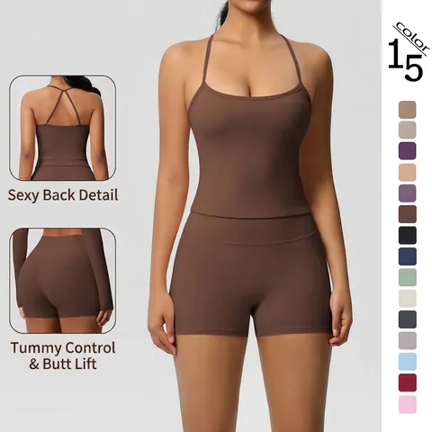 Women Spaghetti Strap Crisscross Back Camisole And High Waist Slim Fit Sports Shorts Nylon Spandex Brushed Yoga Apparel