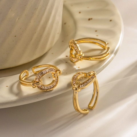 Adjustable Open Ring 18K Gold Plated Copper Baguette Zircon Horseshoe Buckle Geometric Ins Style Jewelry For Women