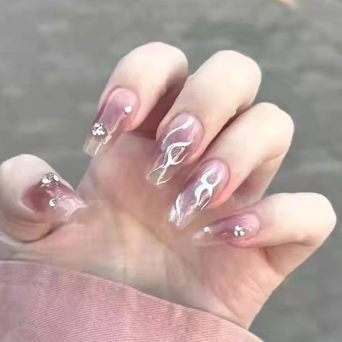 Faux Ongles Long Cercueil Dégradé Rose Argent Motif Rose Épines Flamme Strass Luxe Ongles À Presser